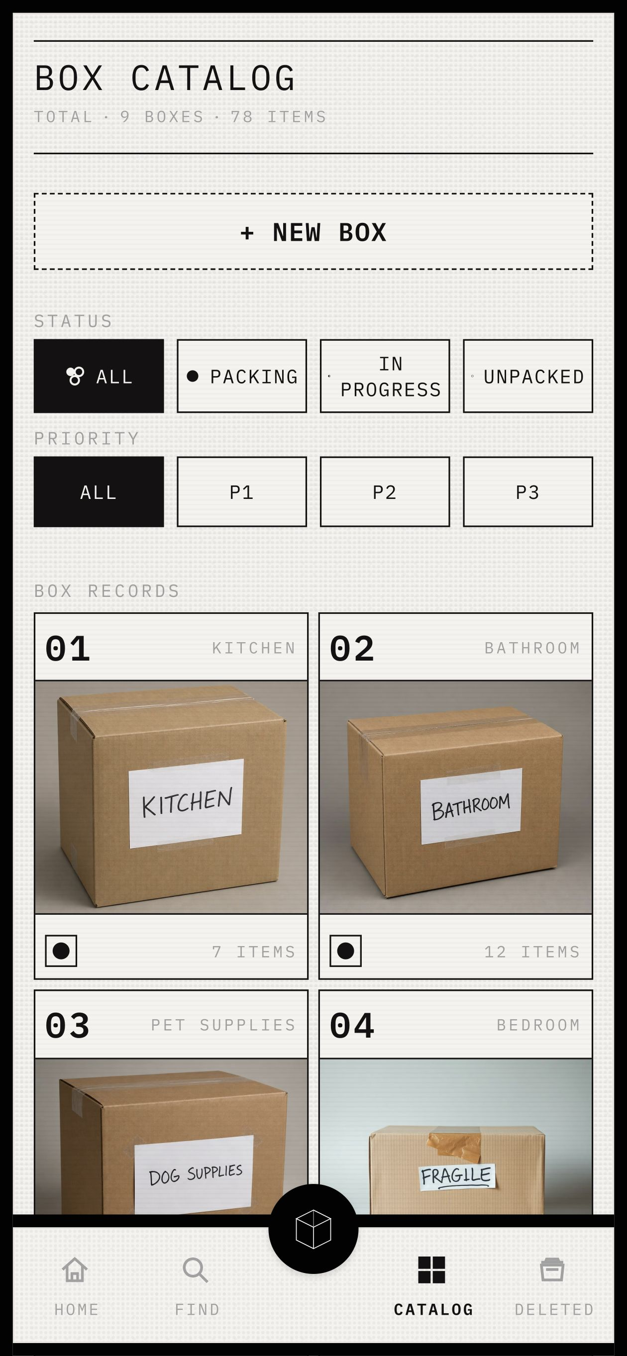 Box Catalog showing searchable box records
