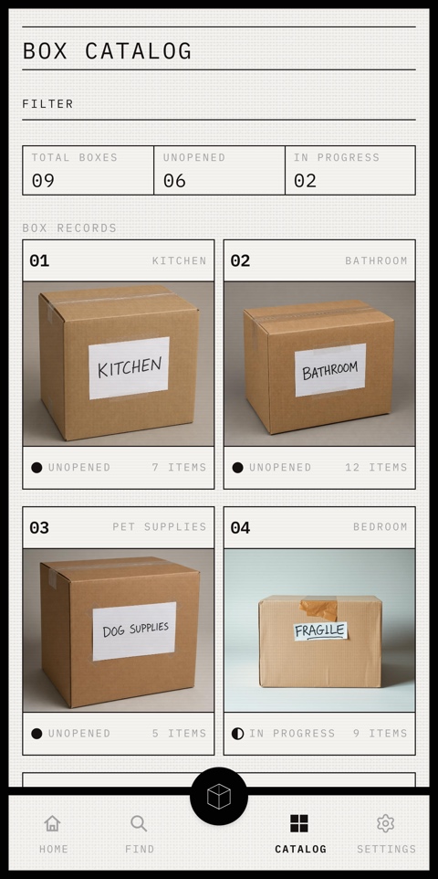 Box Catalog showing the status summary and individual box records for the Unpacking phase