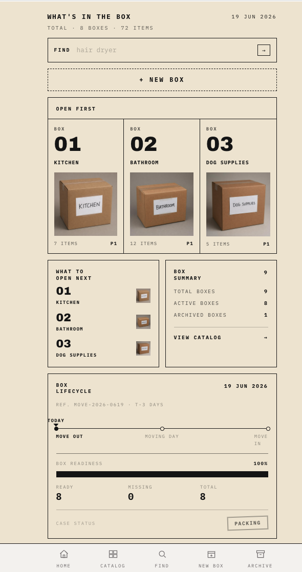 Box Buddy homepage visual direction explored in Lovable with a paper palette, Open First boxes, summary, and bottom navigation